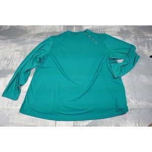 Susan Graver shirt womens 2X green emerald  jersey long sleeve button mock neck
